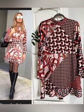ZARA Long Sleeve Geo Strap Buckle Patchwork Print A-line Mini Dress Sz L